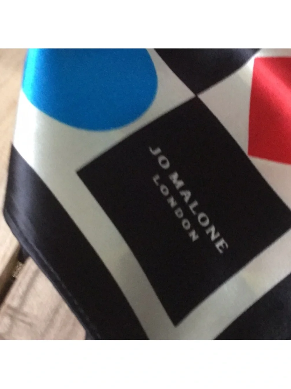 Jo Malone 100% Silk Scarf with Red and Blue Geometric Motif